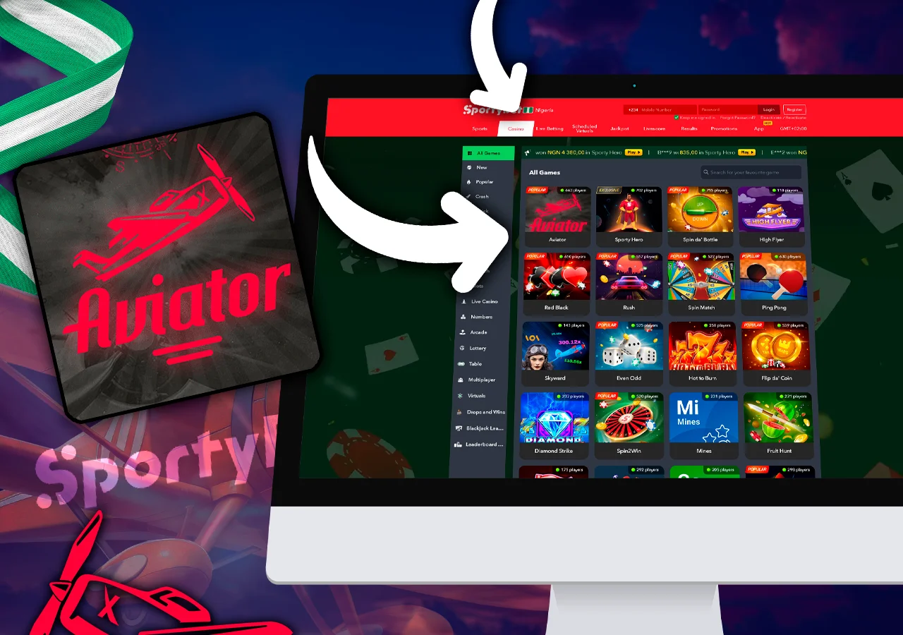 On the monitor there are arrows how to find Aviator on the site