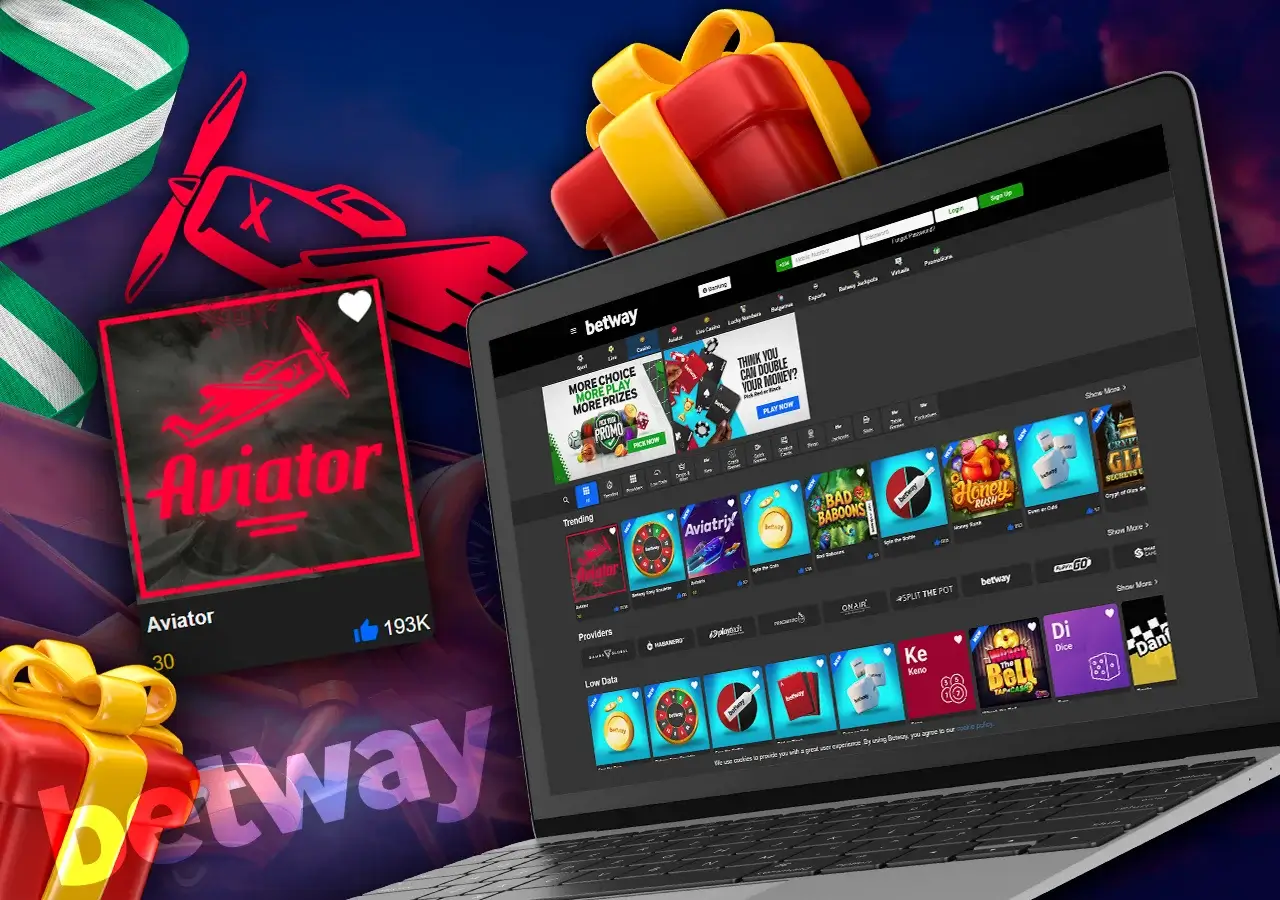 Laptop with Betway casino section and Aviator logo to play on
